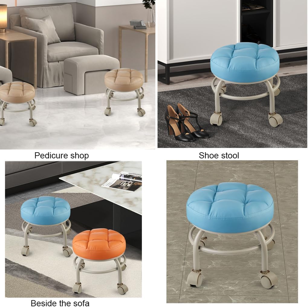 Heavy-Duty Low Roller Stool with 360° Swivel Wheels, 660-lb Load Capacity, Low-Height Short Rolling Stool Seat, PU Leather Small Mechanic Chair, Rolling Stools for Garage, Shop, Libra White
