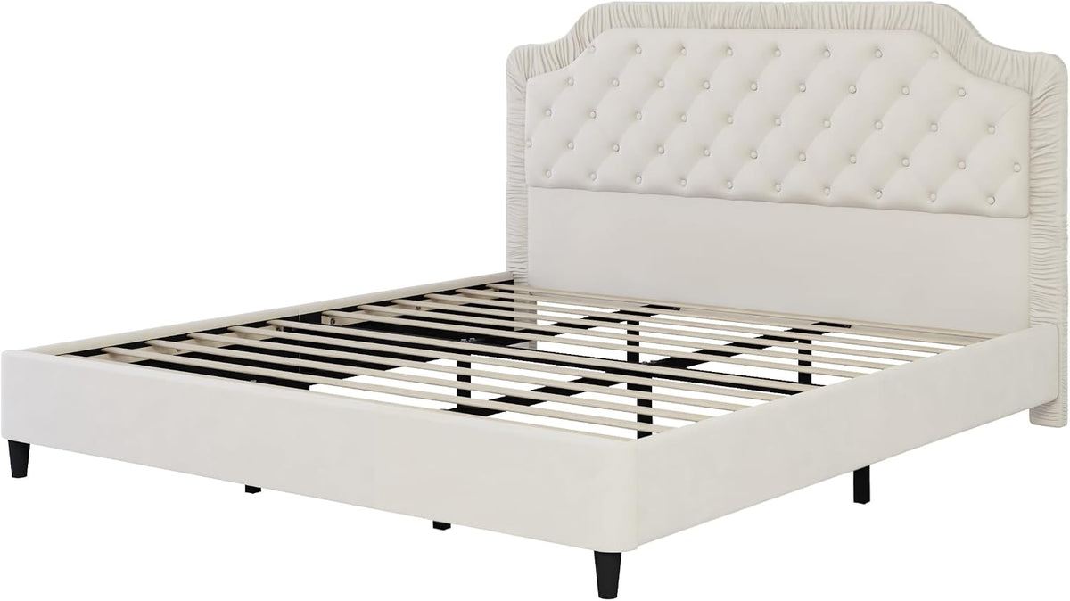2-Pieces Bedroom Sets, King Size Tufted Velvet Upholstered Platform Bed with Storage Ottoman Bench for Kids Teens Adult Bedroom, Wood Slat Support, No Box Spring Needed (White-012)
