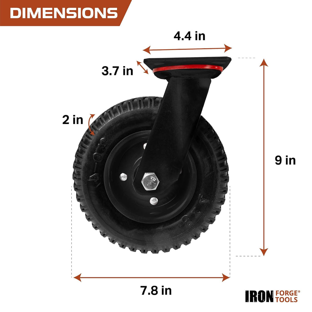 Iron Forge Tools 8 Inch Heavy Duty Swivel Knobby Casters Set of 4, 7-7/8'Diameter, Solid PU Knobby Tread Heavy Duty Caster Wheels, Swiveling Bases, Two Casters with Brakes, Two Without, Black & Red
