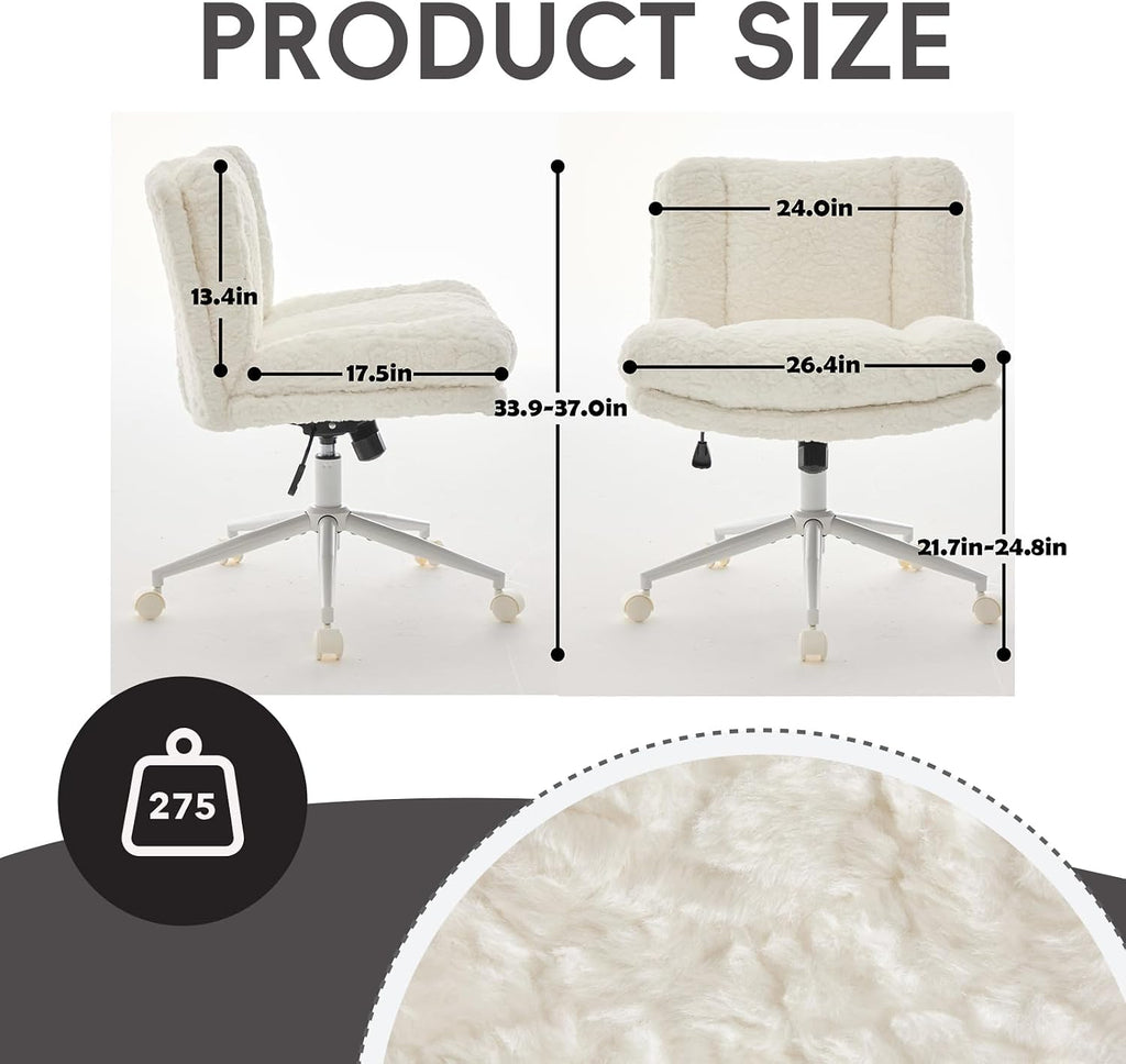 Upgraded Plush Faux Fur Criss Cross Office Vanity & Desk Chair with White Metal Base – Extra-Wide Seat & Tilt Backrest, Adjustable Swivel Makeup Chair for Bedroom, Study & Home Office, Cream