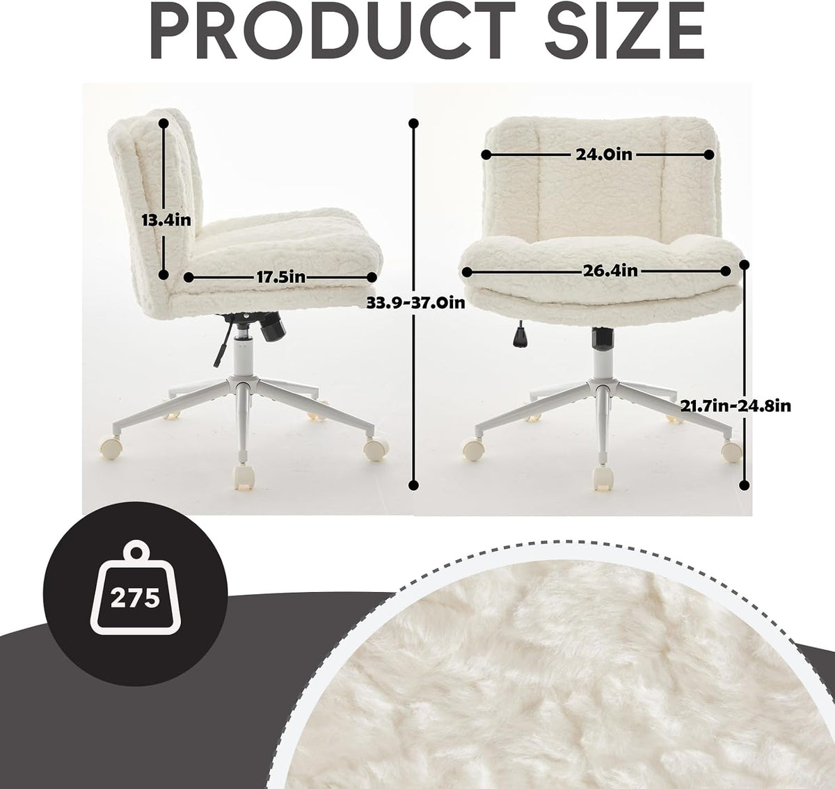 Upgraded Plush Faux Fur Criss Cross Office Vanity & Desk Chair with White Metal Base – Extra-Wide Seat & Tilt Backrest, Adjustable Swivel Makeup Chair for Bedroom, Study & Home Office, Cream