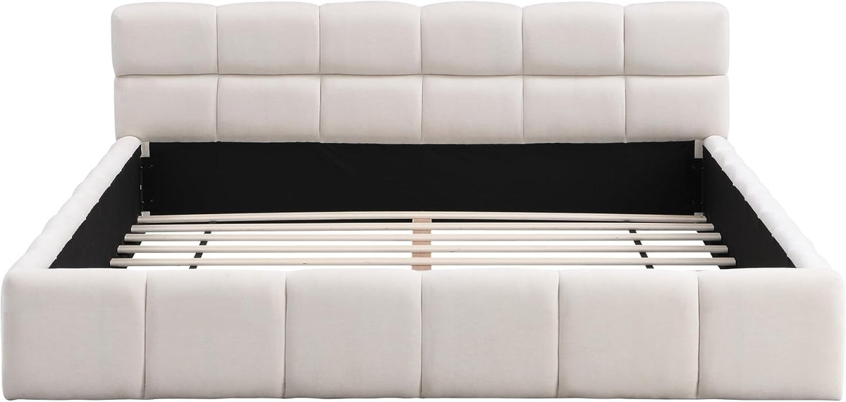 JIJIWANG Elegant Queen Size Upholstered Platform Bed，Boucle Ground Platform Bed with Checkerboard Design Thick Headboard and Footboard, Block Style, Beige
