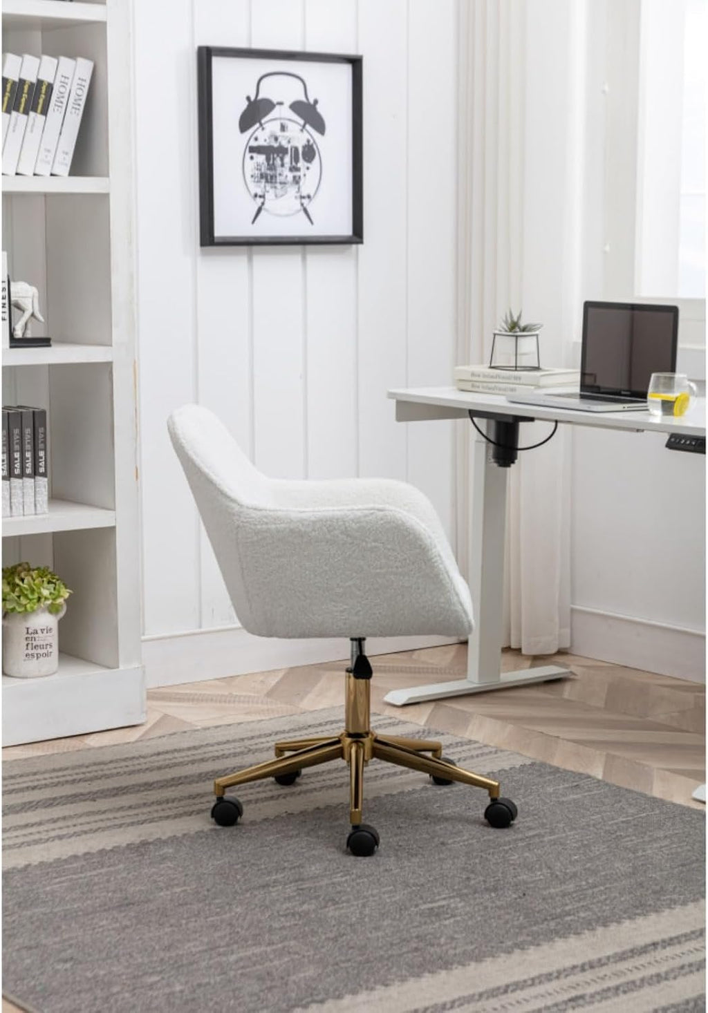 Hassyee Modern Teddy Fabric Material Adjustable Height 360 Revolving Home Office Chair with Gold Metal Legs and Universal Wheel for Indoor (White)