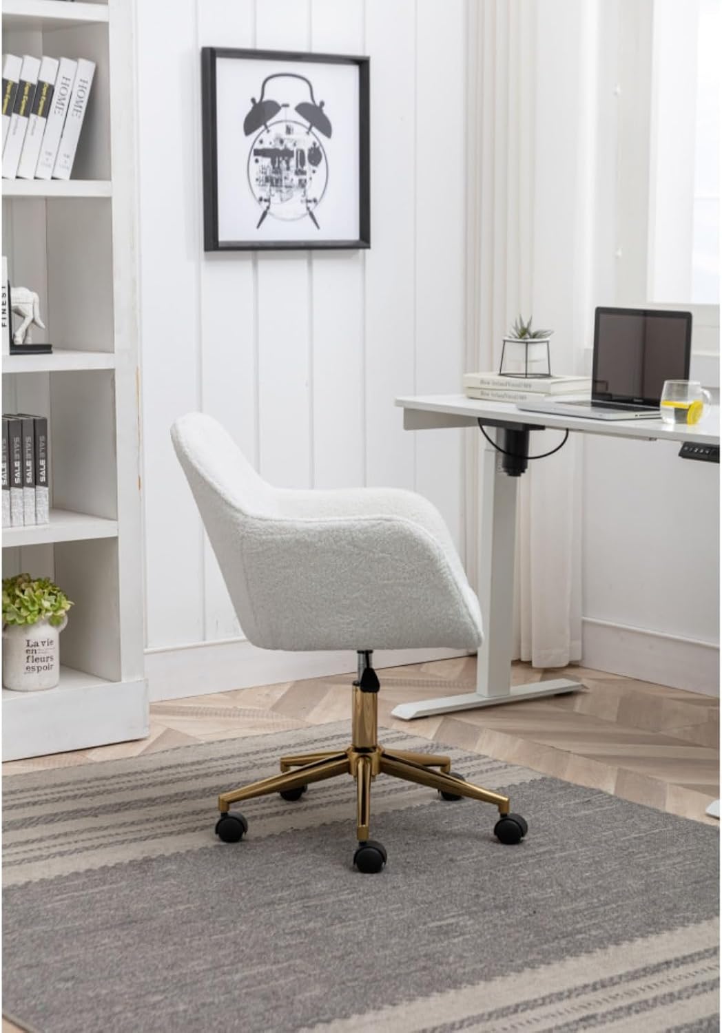Hassyee Modern Teddy Fabric Material Adjustable Height 360 Revolving Home Office Chair with Gold Metal Legs and Universal Wheel for Indoor (White)