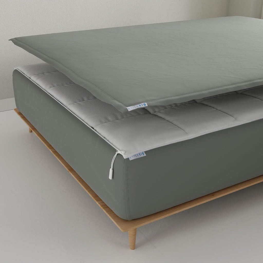 QuickZip Fitted Plus Spare Bundle: 1 Fitted Sheet (Base + Zip Sheet) & 1 Zip Sheet - Easy to Change, Won't Pop Off - Soft Sateen 400 TC 100% Cotton - 15' Deep Pockets RV King Size – Slate Gray