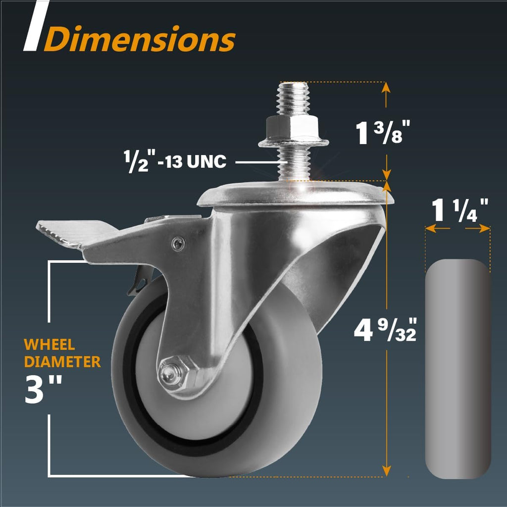 POWERTEC 17201-Case4 3' Heavy Duty Threaded Stem Swivel Caster Wheels with 600 lbs Total Loads, Dual Locking Industrial Castor Wheels for Workbench, Dolly, Cart & Furniture, (Pack of 16)