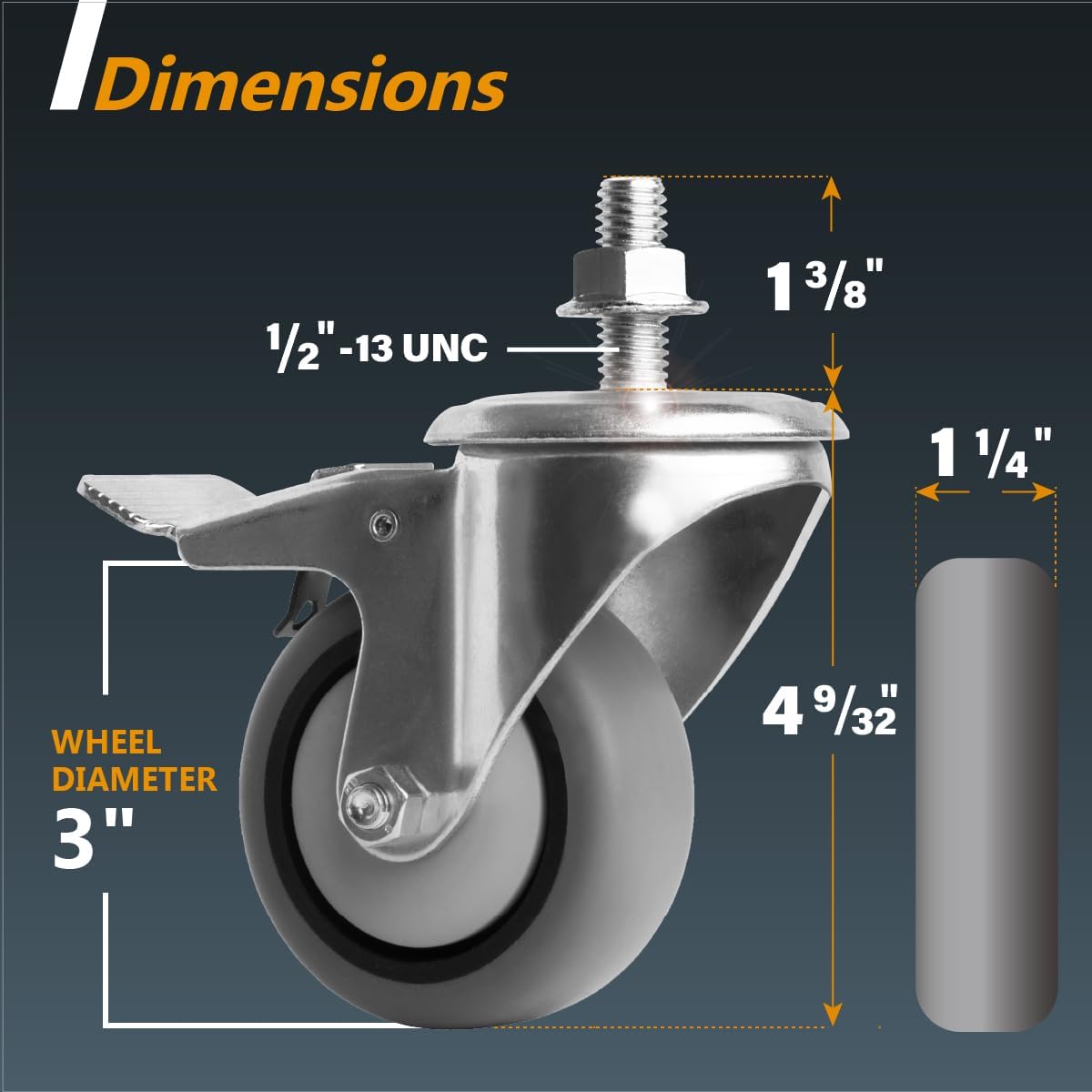 POWERTEC 17201-Case4 3' Heavy Duty Threaded Stem Swivel Caster Wheels with 600 lbs Total Loads, Dual Locking Industrial Castor Wheels for Workbench, Dolly, Cart & Furniture, (Pack of 16)