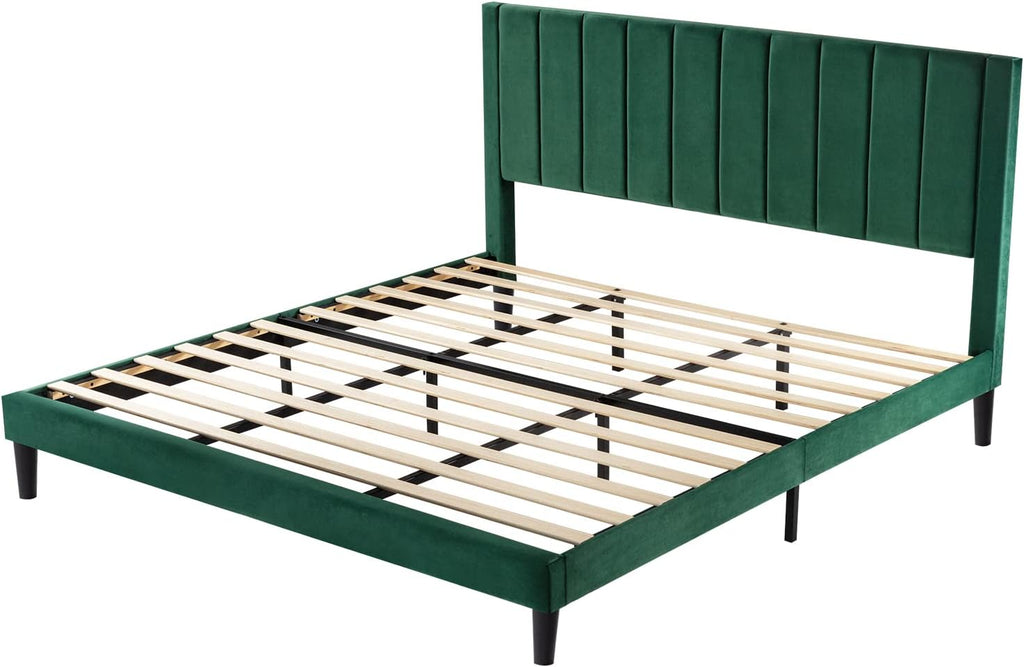 Allewie King Bed Frame/Velvet Upholstered Bed Frame with Vertical Channel Tufted Headboard/Strong Wooden Slats/Platform Bed Frame/Mattress Foundation/Box Spring Optional/Easy Assembly/Green