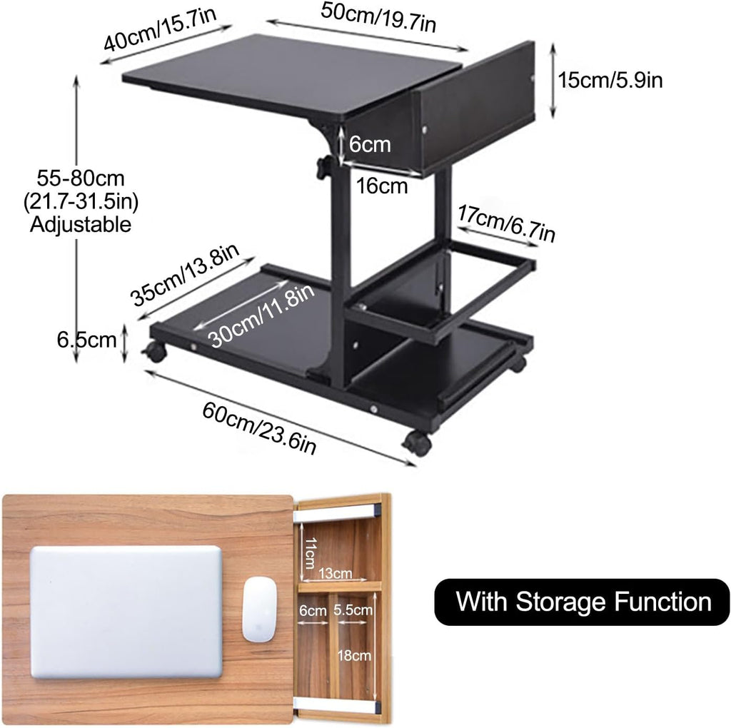 Height Adjustable Overbed Table with Wheels Mobile Computer Desk Makeup Vanity Desk with Storage, Mobile Laptop Standing Desk Cart(Brown)