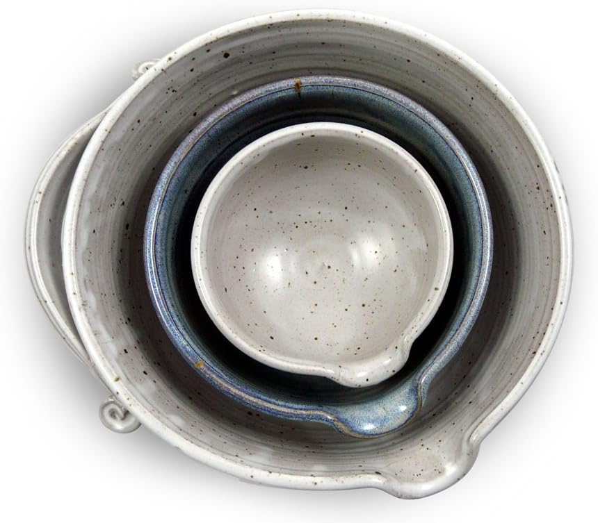 American Made Stoneware Pottery Batter Bowls, 3-Piece Nesting Set, French Blue Glaze