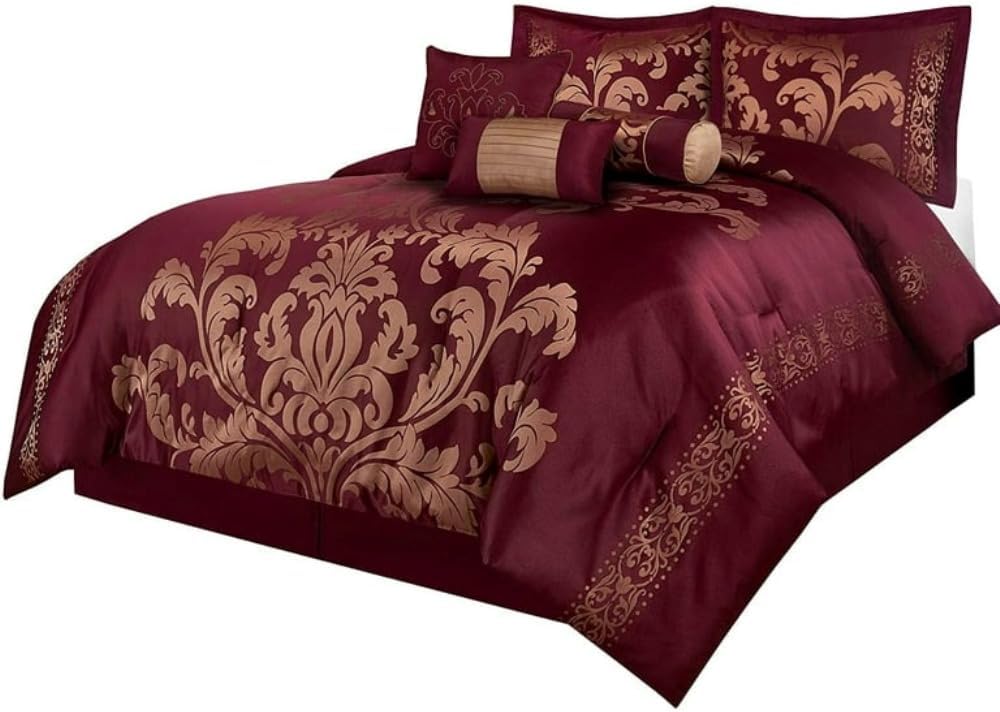 TRP 7 Piece Bed in Bag Luxury Royal Floral Comforter Set King Size | Pretty Maroon/Gold Color Aesthetic Bedding All Seasons Rich Vibrant Look Soft Plush Cozy Feel