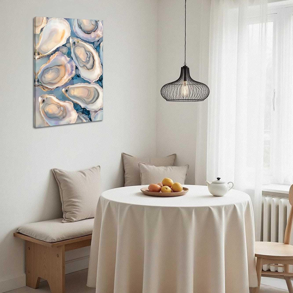 BJYCHG Oyster Wall Art Kitchen Pictures Oyster Shell Watercolor Canvas Prints Coastal Beach Aesthetic Poster Paintings Blue and Grey Bathroom Dining Room Decor Framed (42L x 28W)
