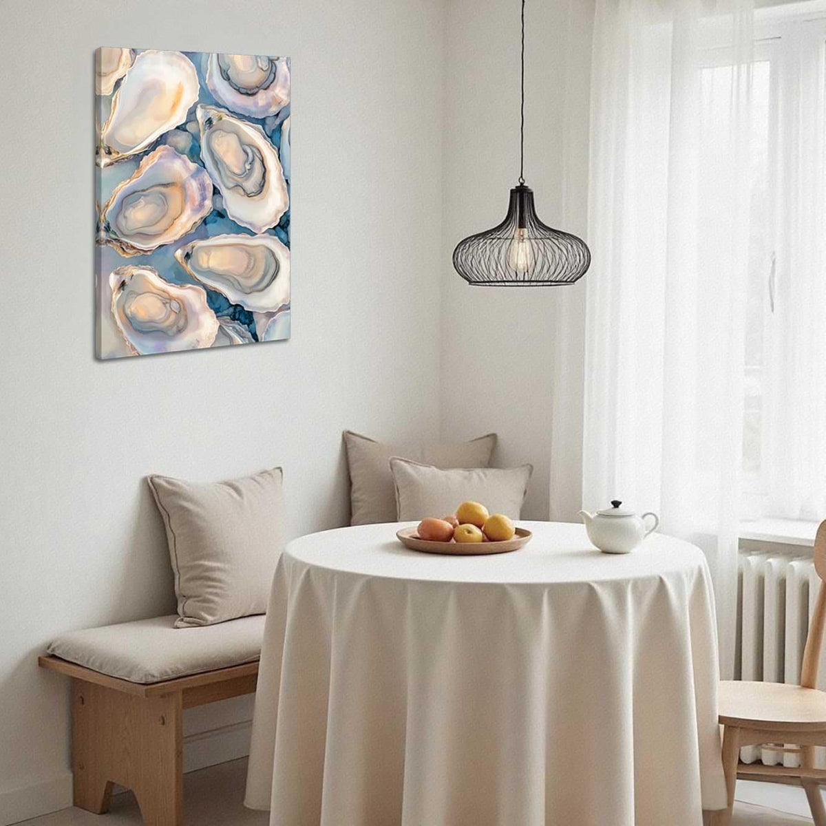 BJYCHG Oyster Wall Art Kitchen Pictures Oyster Shell Watercolor Canvas Prints Coastal Beach Aesthetic Poster Paintings Blue and Grey Bathroom Dining Room Decor Framed (42L x 28W)