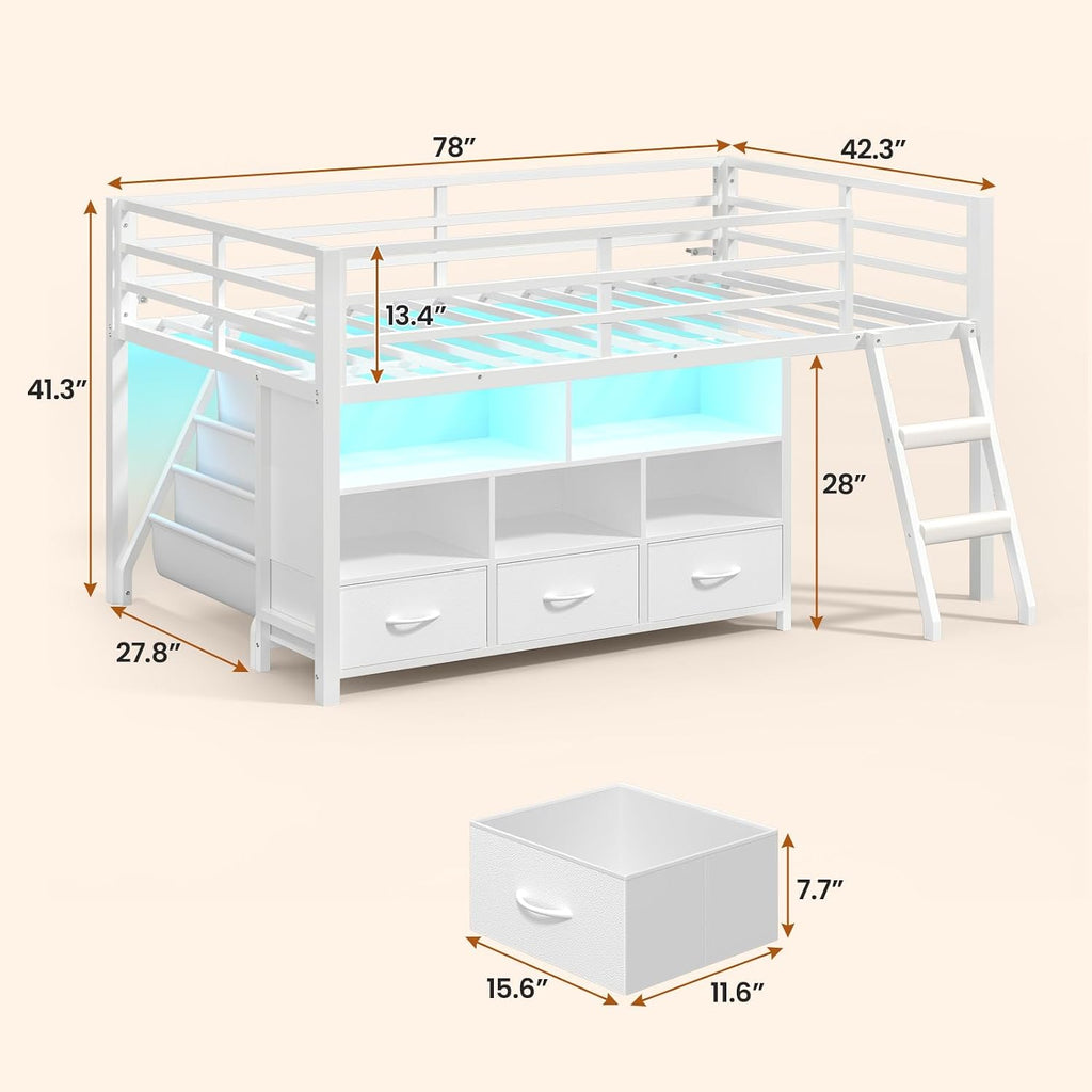 BTHFST Low Loft Bed Twin Size with 3 Storage Drawers, 3-Tier Kids Bookshelf, 5 Open Cubbies and 2 LED Lights Strips, Metal Kids Loft Bed with High Safety Guardrail, Inclined Ladder and Play Area