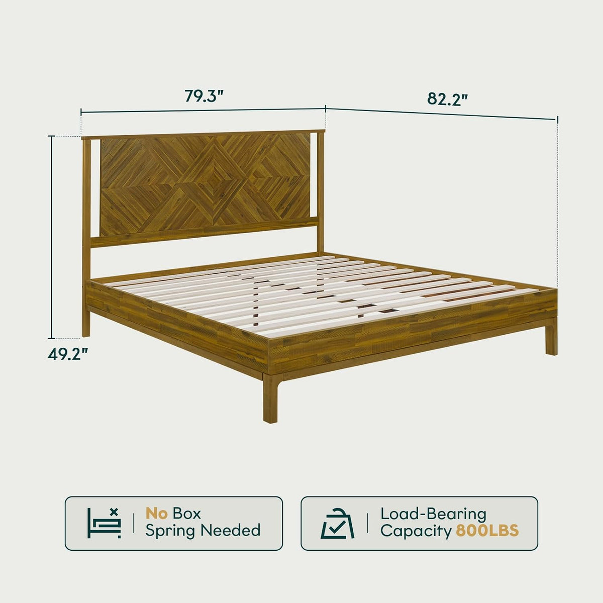 Bme Ethan Solid Wood King Bed Frame with Diamond Headboard - Rustic & Mid-century Modern - Acacia Wood Platform Bed - Compatible with All Mattresses - No Box Spring Needed - Rustic Brown