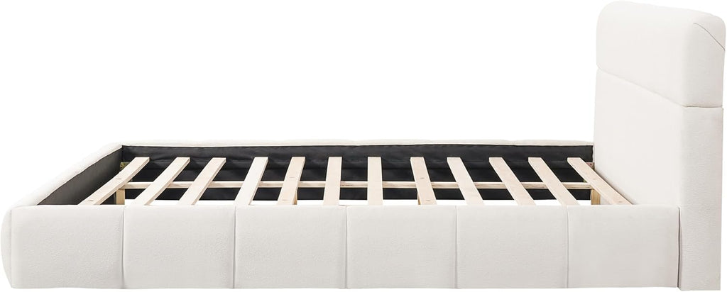 JIJIWANG King Size Upholstered Platform Bed Frame with Soft Boucle Fabric Headboard, Wooden Slats Support, No Box Spring Needed,Easy Assembly, White