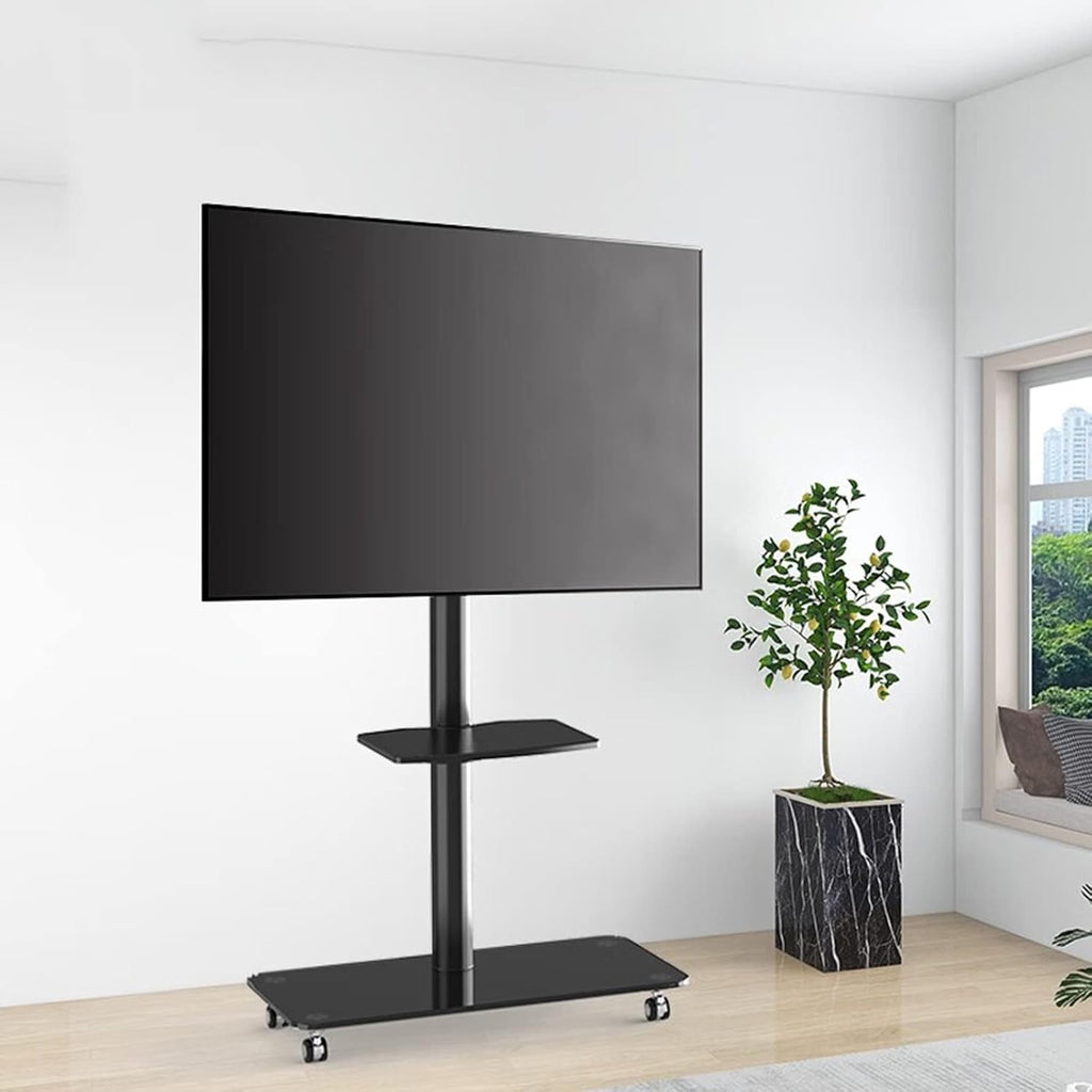 Universal TV Stand Mobile TV Stand With Wheels For 32-65 Inch TVs, Rolling TV Stand With Tempered Glass Base, Height Adjustable Portable Floor Stand