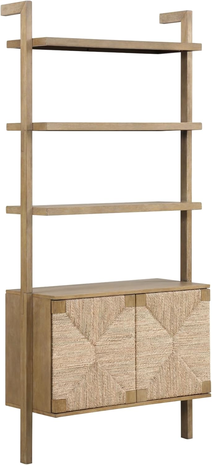 Nathan James Beacon 3-Shelf Solid Wood Bookshelf with Storage Cabinet, Bohemian Wall Mounted Shelf with Seagrass Door Fronts