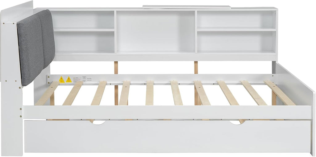 Merax Corner Full Bed Frame, Wood Platform Bed with Storage Headboard, Full Size Daybed with Trundle and Rotatable Storage Board for Living Room,Bedroom,Guest Room,White