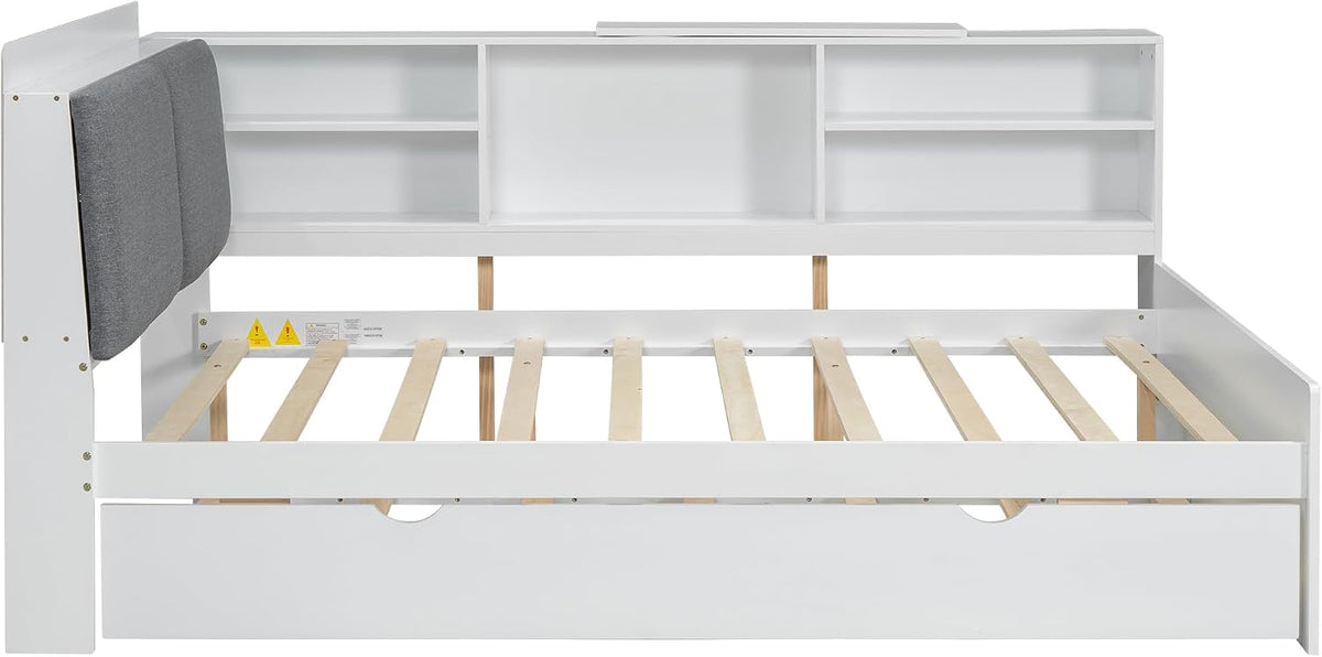 Merax Corner Full Bed Frame, Wood Platform Bed with Storage Headboard, Full Size Daybed with Trundle and Rotatable Storage Board for Living Room,Bedroom,Guest Room,White