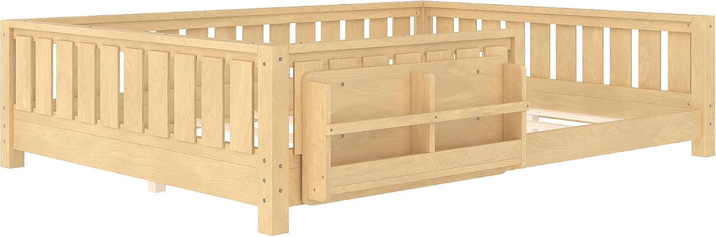 Bellemave Queen Size Floor Bed with Slats and Safety Guardrail, Queen Size Montessori Floor Bed with Fence and Built-in Bookshelf, Easy Assemble Montessori Beds for Girls, Boys, Light Natural