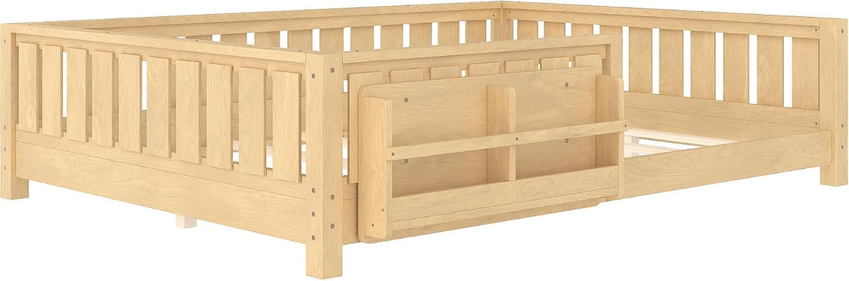Bellemave Queen Size Floor Bed with Slats and Safety Guardrail, Queen Size Montessori Floor Bed with Fence and Built-in Bookshelf, Easy Assemble Montessori Beds for Girls, Boys, Light Natural