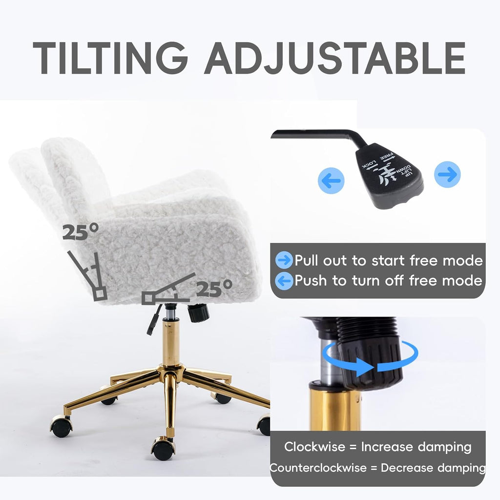 Plush Faux Fur Desk & Vanity Chair with Gold Base – Comfy Adjustable Girls Desk Chair, Makeup Chair, 360° Swivel, Tilt Backrest, Rolling Wheels – Modern Chic Home Office Seating,White