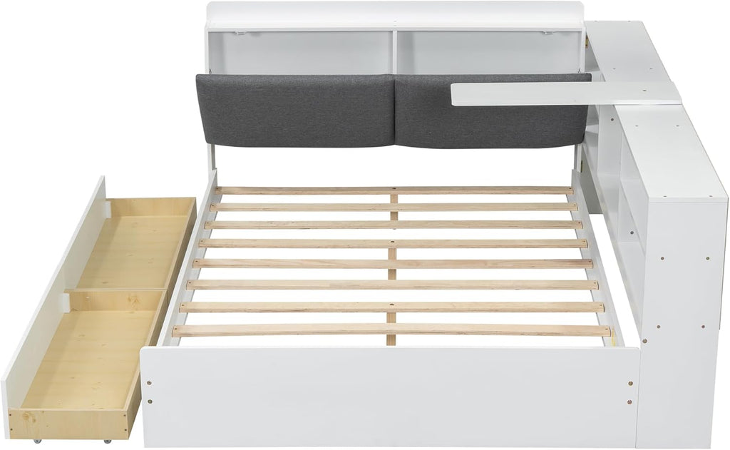 Merax Corner Full Bed Frame, Wood Platform Bed with Storage Headboard, Full Size Daybed with 2 Drawers and Rotatable Storage Board for Living Room,Bedroom,Guest Room,White