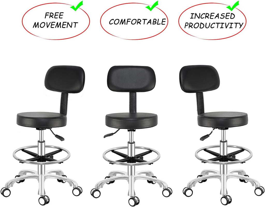 Antlu Rolling Adjustable Stool Drafting Chair for Office Shop Kitchen Medical Salon,Swivel Stool with Wheels and Back (Black, with Foot Ring)