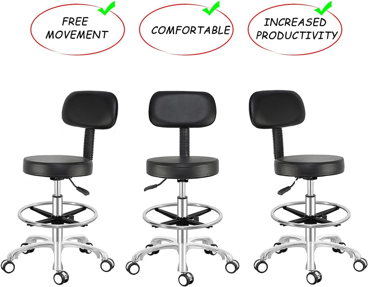 Antlu Rolling Adjustable Stool Drafting Chair for Office Shop Kitchen Medical Salon,Swivel Stool with Wheels and Back (Black, with Foot Ring)
