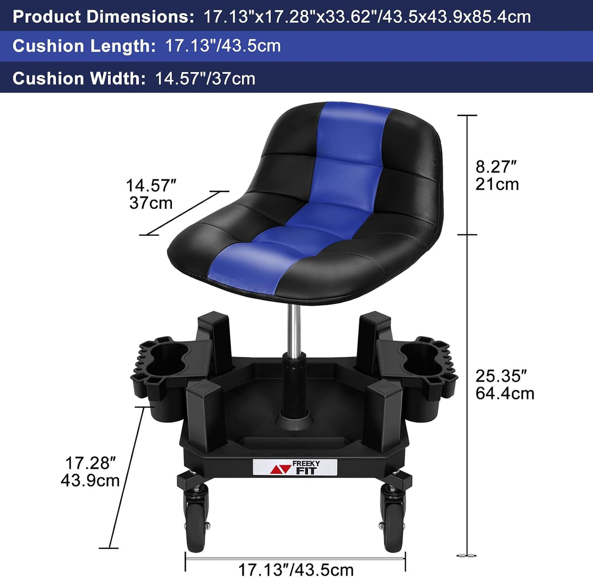 Rolling Stool with Wheels, Adjustable Shop Stool Mechanic Chair Seat Garage Shop Roller Work Chair Mobile Rolling Seat with Tool Tray, 2 Cup Holders, 4' Casters, 350 LBS, Heavy-Duty, Blue