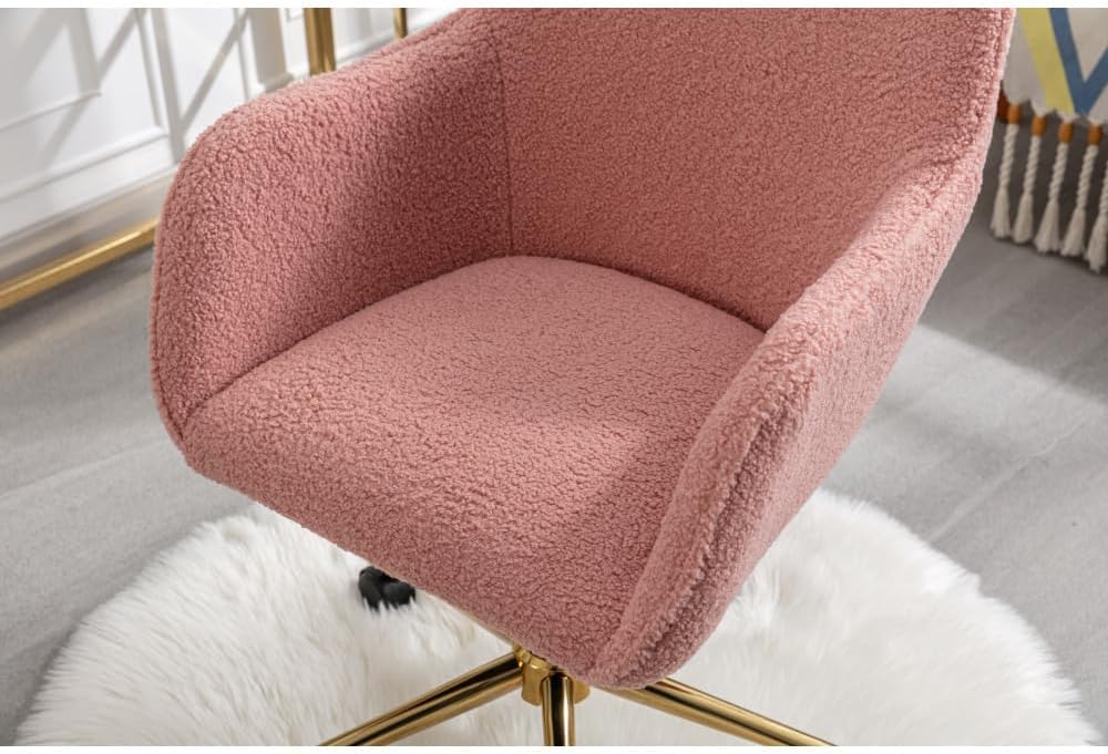 Plush Teddy Fabric Ergonomic Office Chair with Adjustable Height, 360-Degree Swivel Base, and Smooth-Rolling Casters for Home or Workspace (Pink + Teddy + Foam)