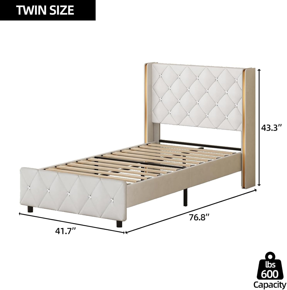 HOMBCK Twin Bed Frames with Headboard, Upholstered Twin Bed Frame with Diamond Tufted Wingback Headboard, 600lbs Heavy Duty Support, Gold Metal Edge Accents, No Box Spring Needed, White Leather