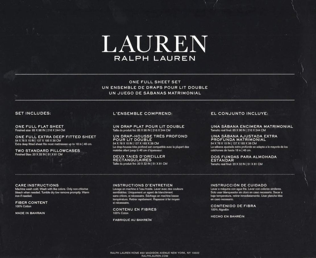 Lauren Ralph Lauren 4 pc Full Printed Sheet Set 100% Crisp Cooling Cotton (Grey Toile Floral)