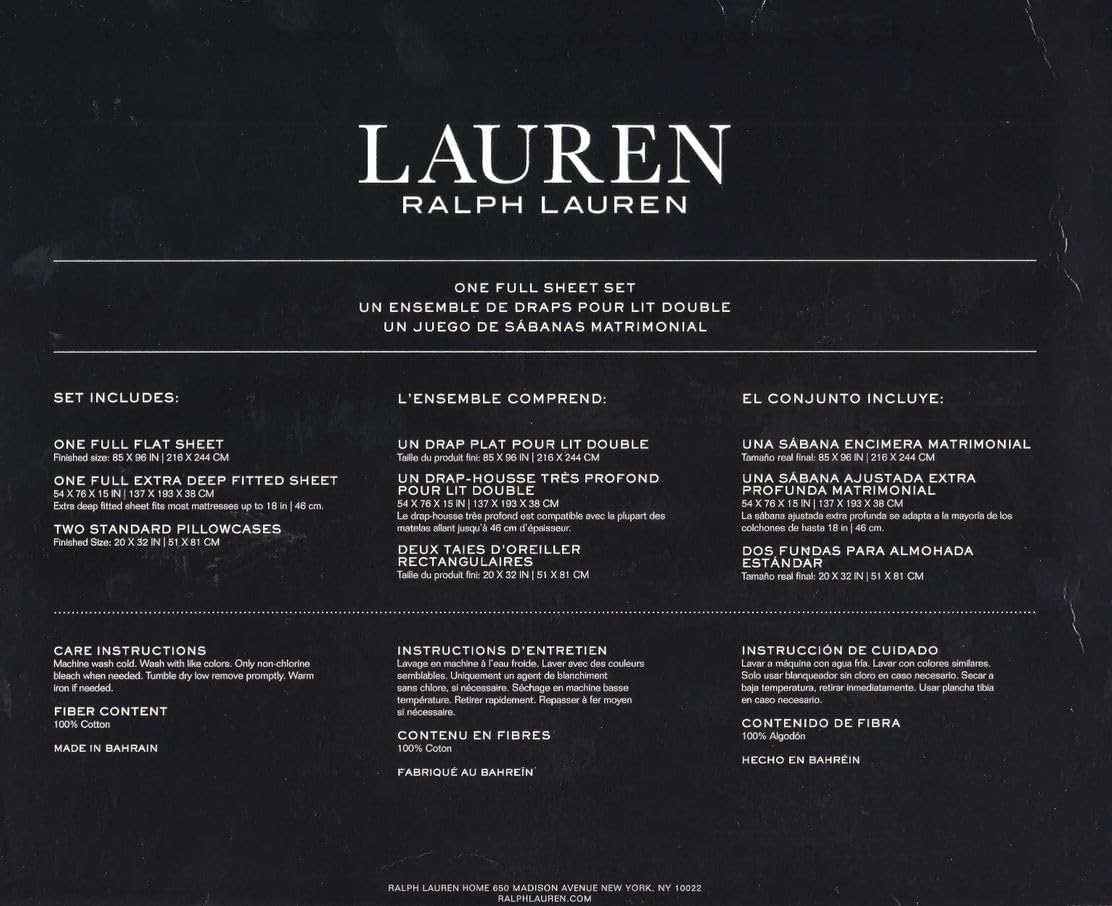 Lauren Ralph Lauren 4 pc Full Printed Sheet Set 100% Crisp Cooling Cotton (Grey Toile Floral)