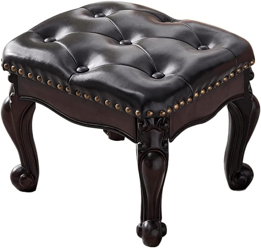 Footstools, Genuine Leather Vanity Benches, Piano Stool, Living Room and Bedroom Desk Stools(Black-Small)