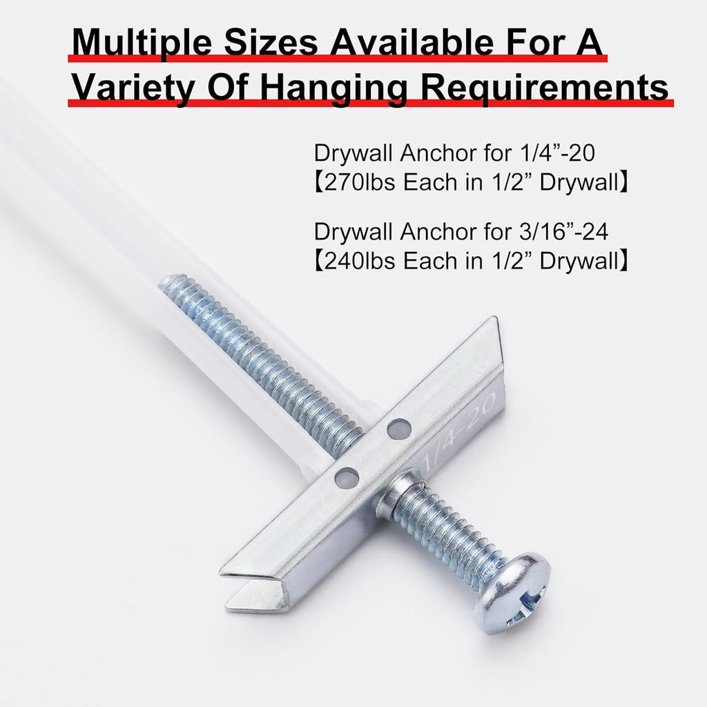 Heavy Duty Drywall Anchor Bolts with 1/4'-20 Fastener Suitable for TV Mounting Hollow Wall Anchor Bolt Screw Kit Supports Up to 270 lbs Each on 1/2 Inch Drywall Pack of 200