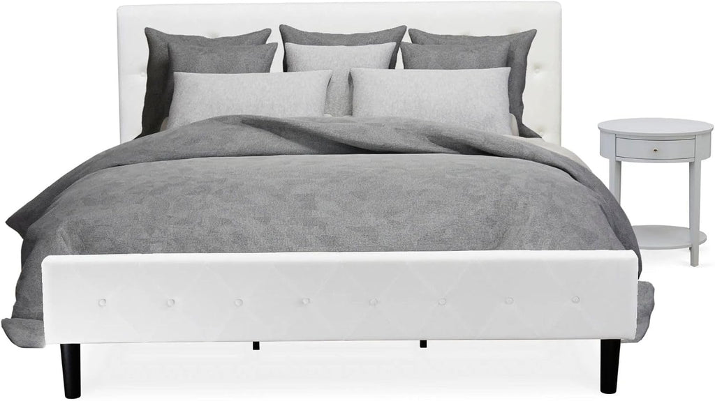 East West Furniture NL19K-1HI14 2 Piece Bedroom Set - King Size Button Tufted Bed - Linen white Velvet Fabric Upholstered Headboard and an Urban Gray Finish Nightstand