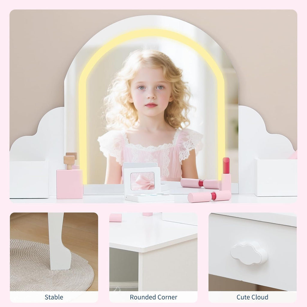 Garvee Kids Vanity with Lighted Mirror & Stool, Little Girls Vanity and Wooden Makeup Playset with Adjustable LED Light, Storage Drawer & Shelves for Girls 3-9, White