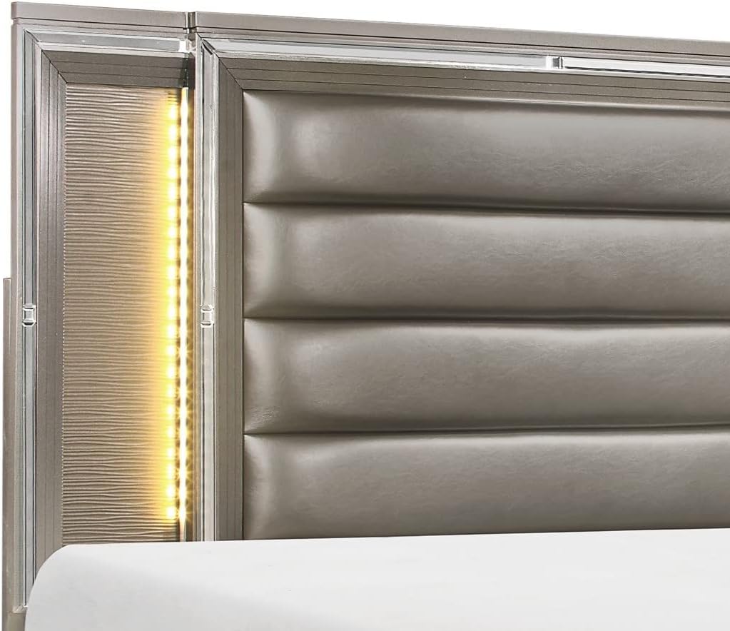 Glam Luxury Silver Gray Finish 3-Piece Bedroom Set King Size Platform Stoarge Bed and Two Nightstands Tufted LED Headboard Furniture