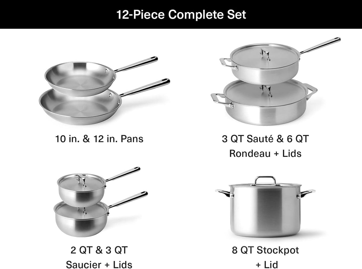 Misen 5-Ply Stainless Steel Cookware Set - Versatile, Dishwasher Safe - 12-Piece Set - 10' Skillet, 12' Skillet, 3 QT Saute Pan & 6 QT Rondeau + Lids, 2 QT & 3 QT Saucier + Lids, 8 QT Stockpot + Lid