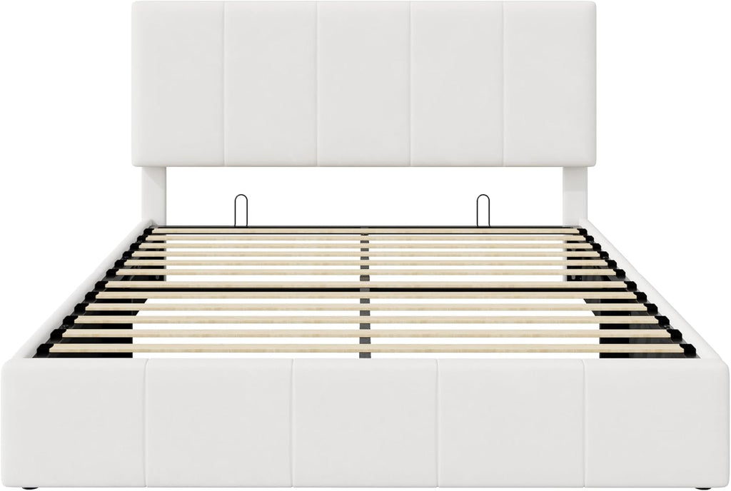 SHA CERLIN Full Size Lift Up Storage Bed Frame, Adjustable Headboard, Hydraulic Support, Velvet Upholstered, Easy Installation, No Box Spring Needed, White