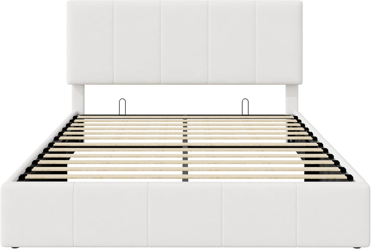 SHA CERLIN Full Size Lift Up Storage Bed Frame, Adjustable Headboard, Hydraulic Support, Velvet Upholstered, Easy Installation, No Box Spring Needed, White