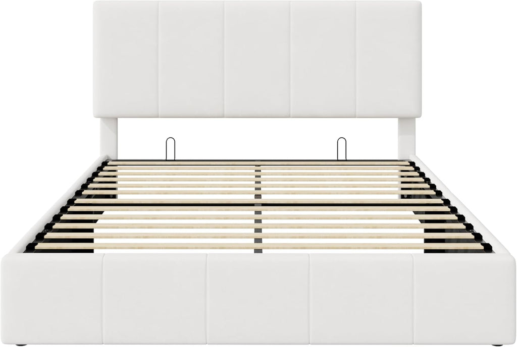 SHA CERLIN Queen Size Lift Up Storage Bed Frame, Adjustable Headboard, Hydraulic Support, Velvet Upholstered, Easy Installation, No Box Spring Needed, White