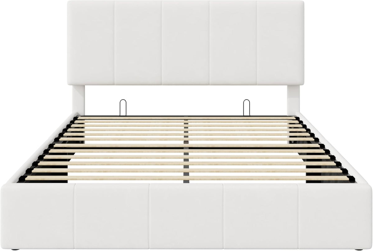 SHA CERLIN Queen Size Lift Up Storage Bed Frame, Adjustable Headboard, Hydraulic Support, Velvet Upholstered, Easy Installation, No Box Spring Needed, White