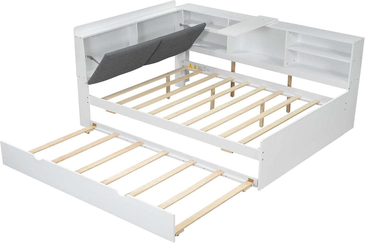 Merax Corner Full Bed Frame, Wood Platform Bed with Storage Headboard, Full Size Daybed with Trundle and Rotatable Storage Board for Living Room,Bedroom,Guest Room,White