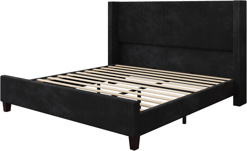 HOWE California King Bed Frame with 50.8' Tall Wingback Headboard, Modern Corduroy Upholstered Platform Bed Frame with Solid Wood Slats & Legs, No Box Spring Needed, Noise-Reducing Design, Black
