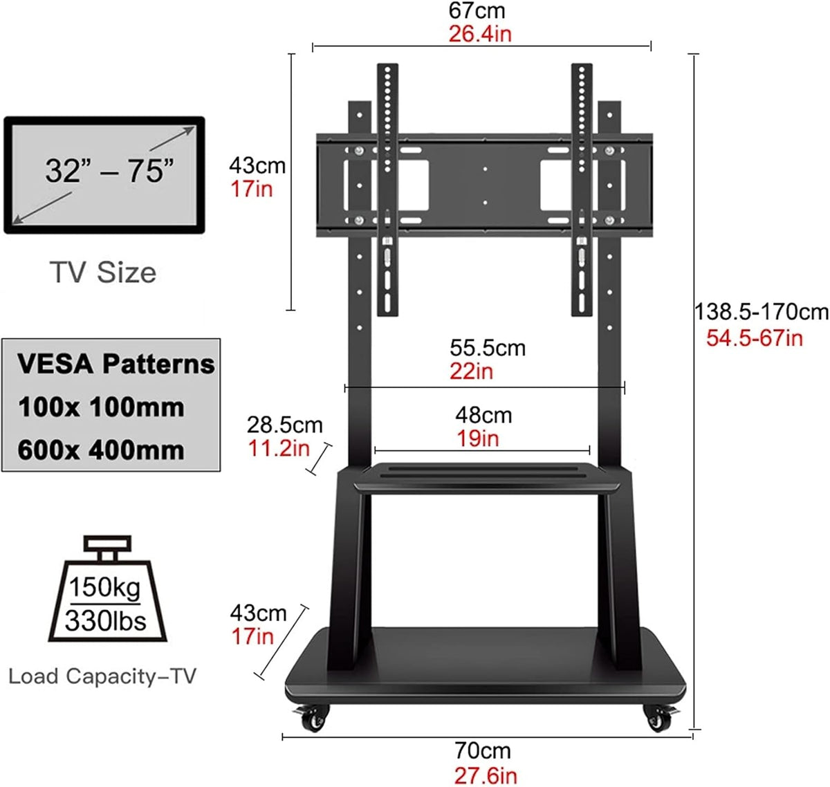 Universal Mobile TV Cart Floor Stand, Rolling TV Stand with Wheels for 32-75 Inch TV, Outdoor/Bedroom/Living Room TV Display Stand, Load 150kg Beautiful Scenery