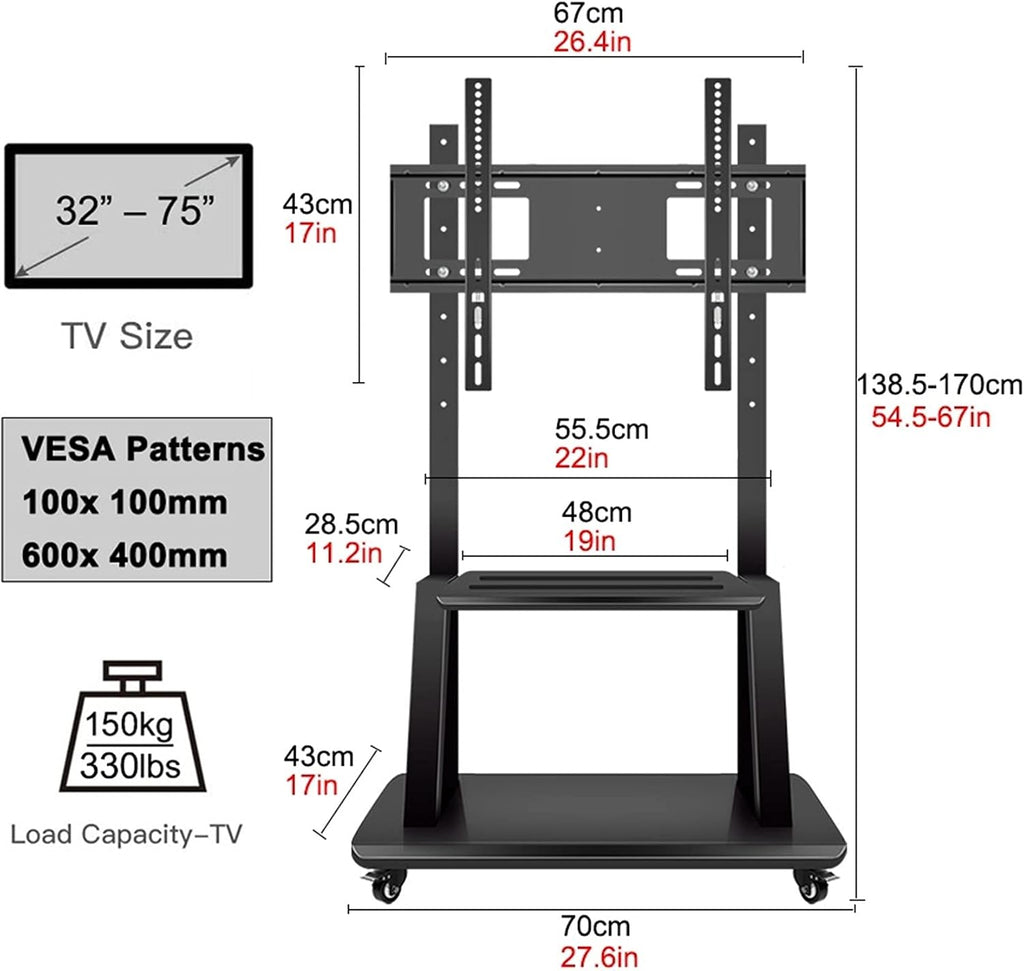Mobile TV Stand with Wheels for 32-75 Inch TV, Bedroom Universal Floor Rolling TV Cart with 2 Storage Shelf, Height Adjustable, Black Beautiful Scenery