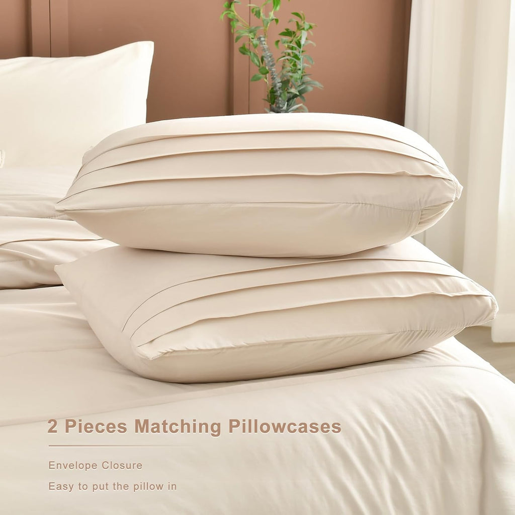 Masaca Oversized Comforter King Size(120'x120'),Soft Pinch Pleated Bedding Comforter Set,3 Pieces Wheat Colored California King Microfiber Boho Bedding Set for All Season